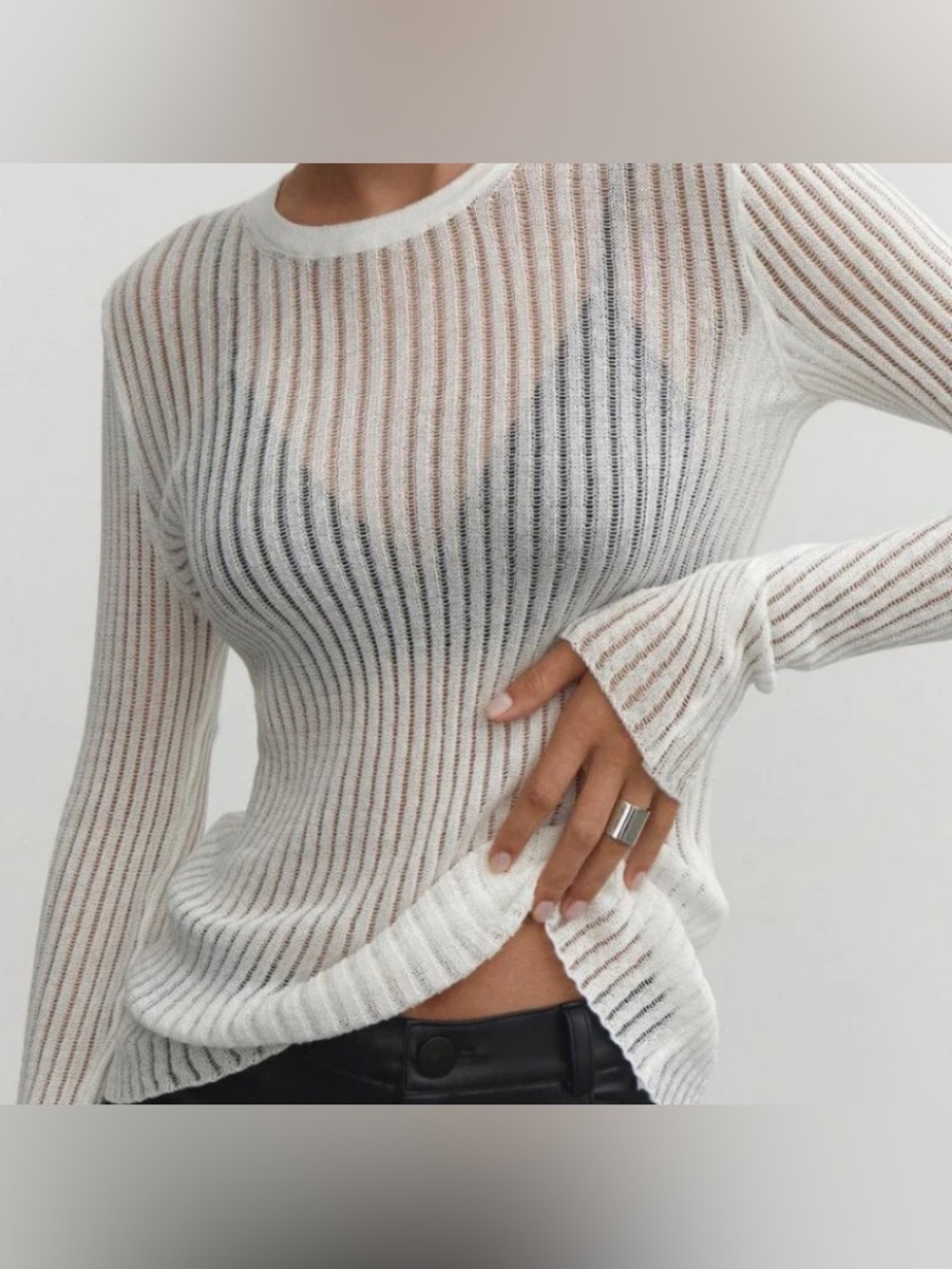 Miou Muse White Striped Sheer Long Sleeve